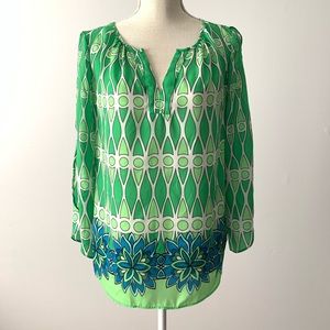 Kaari Blue mod print spring blouse blue green sz S